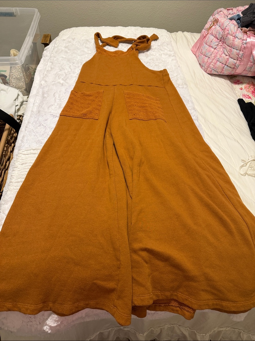 BUCKETLIST Rust Orange Wide-Leg Knit Jumpsuit with Pockets